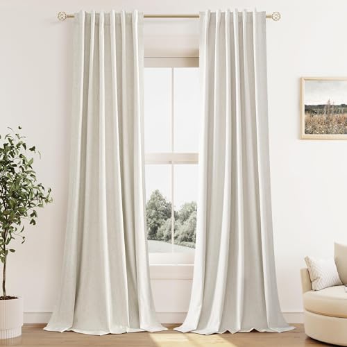 Extra Long 100% Blackout Linen Curtains for Bedroom 105 Inches Long Natural Cream Black Out Curtain Back Tab Thermal Insulated Room Darkening Window Drapes for Living Room 2 Panels Beige Ivory 52x105