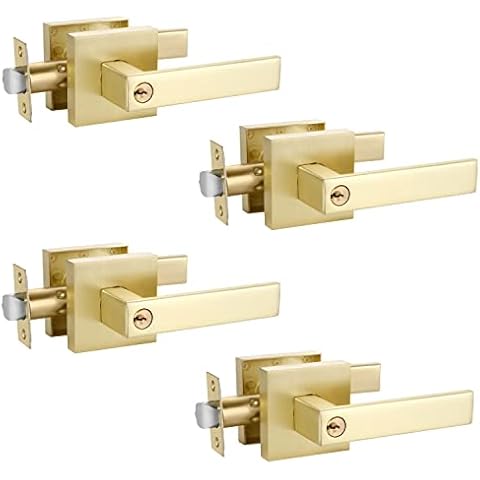 4 Pack Entry/Entrance Door Handles with Locks and Same Keys for Front Exterior Door Use, Square Stain Brass Finish Keyed Alike Door Levers for Right/Left Handed Doors Cover