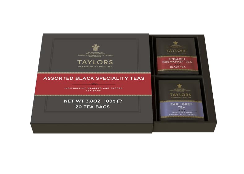 Taylors of Harrogate Assorted Specialty Black Teas Sampler, Variety Gift Box, Individually Wrapped Bags, 20 Count (Pack of 1), English Breakfast, Earl Grey, Assam, and Afternoon Darjeeling, Caffeinated, Enjoy Hot or Iced, 20 Teabags