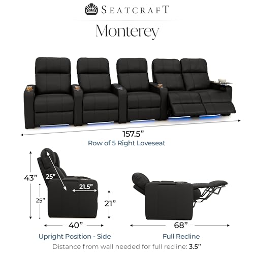 Image of Seatcraft Monterey Home Theater Seating Black Row of 5 Right Loveseat | Italian Leather, Wall Hugger, Zero Gravity, Powered Headrest, Power Recline, Zero Gap, USB charging