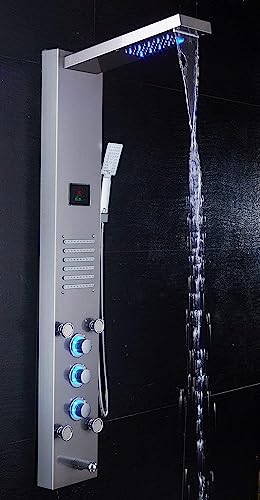ELLO&ALLO LED Rainfall Waterfall Shower Head Rain Massage System with Body Jets, Stainless Steel Bathroom Shower Panel Tower System, Brushed Nickel