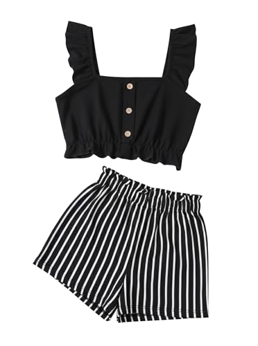 Image of Girl's Summer Clothing Sets Knit Ruffle Striped T-Shirt and Shorts 2 Piece Outfits