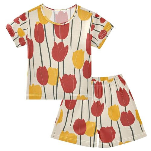 senya Short Sleeve Pajamas Sets Summer Cotton Sleepwear Red and Yellow Tulips