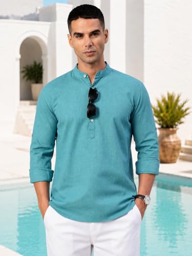 Image of Majestic Man Men's Pure Cotton Solid Mandarin Collar Slim Fit Roll-Up Sleeves Short Kurta Lightweight Summer Kurta for Daily & Occasion Use