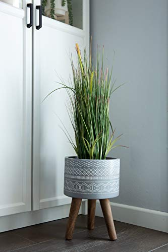 Flora Bunda Mid Century 10 inch Tribal Fiberglass Planter on Wood Stand,Gray