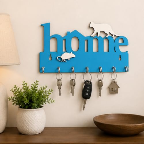 Image of Webelkart Premium Home Keys Wooden Key Holder (29 cm x 13.5 cm x 0.4 cm, Wood) 7 Hook - Decorative Items for Home Decor (Sky Blue)