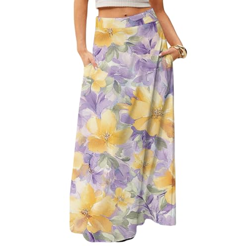 Women's Long Skirts Boho Floral Skirt Casual Elastic High Waist Maxi Skirts Flowy A Line Beach Skirt Outfits, S-2XL