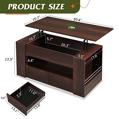 Wlive Lift Top Coffee Table With Storage,Small Coffee Table With Drawers For Living Room,Hidden Compartment And Open Shelf,Central Table For Reception Room,Espresso #TOP4