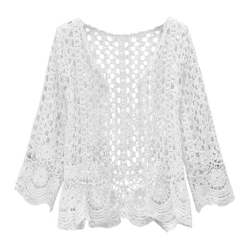 Cárdigan de Verano, Crochet Blanco protección Solar algodón Suave Manga Larga Crochet cárdigans de Verano para Mujeres livianos