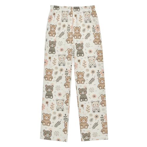 Seamless Pattern with Lovely Bear and Simple Flowers Pajamas Bottoms with Pockets Comfy Pjs Sleepwear Elastic Waistband Pajamas Pants Lounge Pants for 6-14 Years