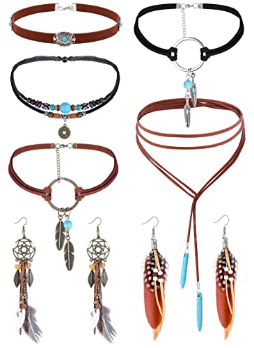 JeweBella 7PCS Boho Halskette Set für Damen Vintage Bohemian Feder Anhänger Ohrringe Wildleder Handgemachte Lederhalskette Türkis Perlen Choker Halskette Boho Stammes Schmuck Sets Cover