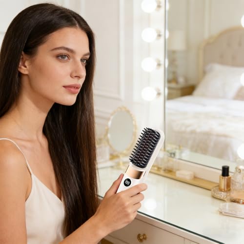 Plancha para el cabello inalámbrica con cepillo, recargable por USB-C con 4 temperaturas y pantalla digital miniatura 7