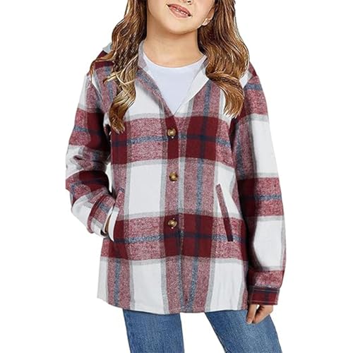 OXUBOAO Girls Flannel Jackets Plaid Button Down Coats Pockets Long Sleeve Hooded Jacket for Fall Winter (Brown, 10-12T)