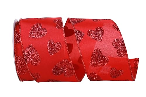 Ribbon - Glitter Hearts Taffeta Wired Edge, Red/red, 2-1/2 Inch, 10 Yards