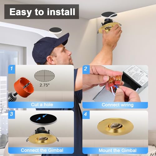 Image of POPANU Premium 4-inch LED Recessed Lights - 5 CCT 4 Inch Eyeball Ceilling Gimbal Potlight, Dimmable Recessed Lights Fixture with Junction Box, 8W CCT Adjustable, Shiny Gold, with Baffle, 6P