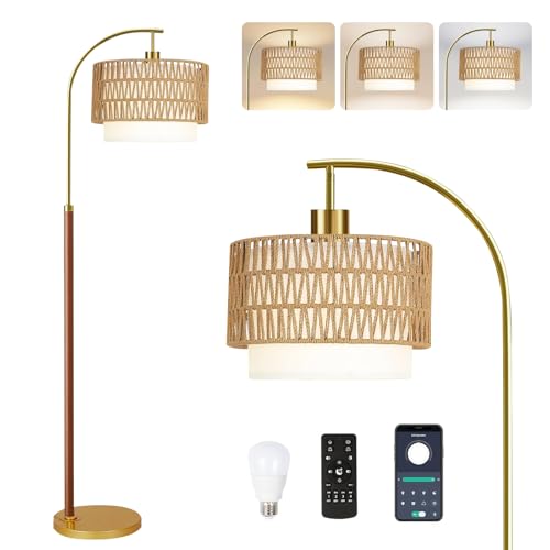 Image of ZECOXOL Boho Floor Lamps for Living Room Wood Floor Lamp with Remote Control,Dimmable Rattan Floor Lamps Farmhouse Gold Standing Lamp with 3 Color Temperature Tall Arc Floor Lamp for Bedroom Corner