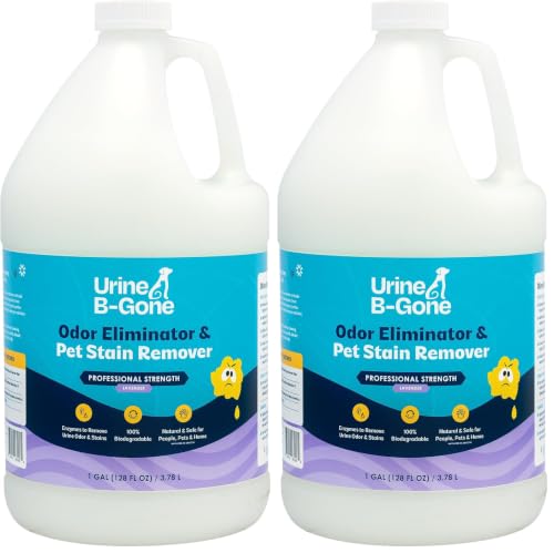 Image of Urine B-Gone, Professional Enzyme Odor Eliminator & Pet Stain Remover, Human, Cat & Dog Urine Cleaner, Effective on Laundry, Carpets & More, Lavender Scent, 1 Gallon (Pack of 2)