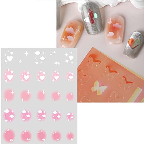 Fuldgaenr Iridescent Nail Stickers For Nail Art Supplies, Self Adhesive Nail Art Stickers With Ombre Butterfly Heart Cloud Star Designs 3D Decals Nail Accessories Decorations For Women Girls Kids #TOP4