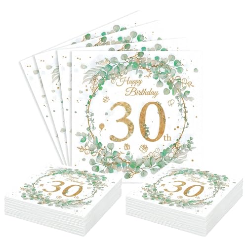 Image of 30th Birthday Paper Napkins, 40Pcs Sage Green 30th Birthday Decorations, 2-ply Disposable Eucalyptus Wreath 33x33cm Party Serviettes Napkins for Women Her Party Decorations