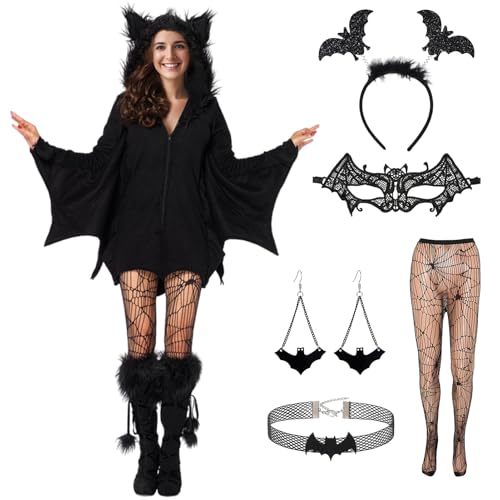 SERTAS Halloween Damen Fledermaus kostüm, Schwarzes Fledermaus Cosplay Kostüm für Halloween und Karneval