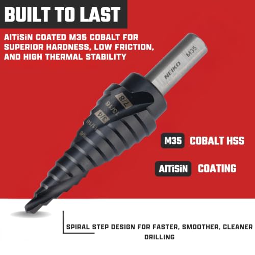 Image of NEIKO 10609B Step Drill Bit, 12 Steps 3 /16 inch to 7 /8 inch Spiral M35 Cobalt, AlTiSiN Coated, 3 /8 inch Tri-Flat Step Bits for Steel, Metal, Wood, Plastic, Unibit Cone Drill Bits, Two Flute