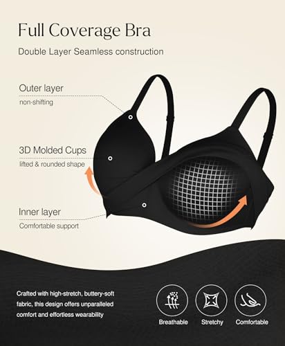 Popilush Bras for Women No Underwire Supportive Push Up Bralettes Wireless Full Coverage Plus Size T-Shirt Bra (40C-D) Black