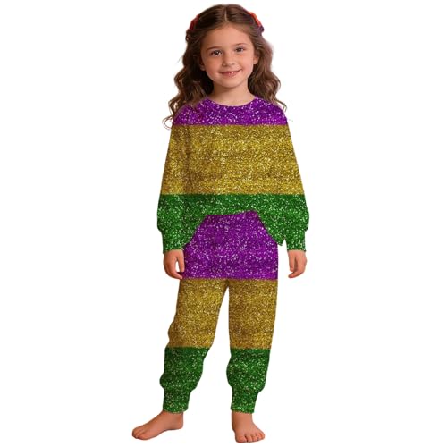 Mardi Gras Pants Sets for Boys Girls Crewneck Long Sleeve Tops and Elastic Waist Bottoms Set Carnival Party Outfits 3-14Y