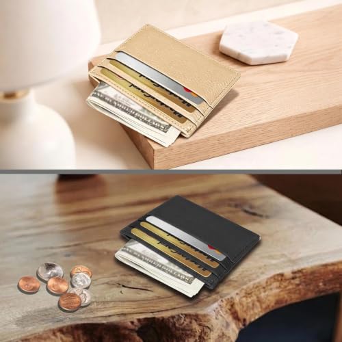 Image of Pack of 2, Genuine Leather Credit Card Holder, Small Wallet Black & Beige