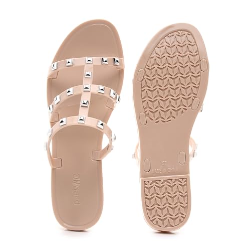 Image of Women Flats Sandals, Studded Jelly Shoes Size 9 Red Dressy Summer Beach Rivets Strappy Jellies Slide Slip On Open Toes