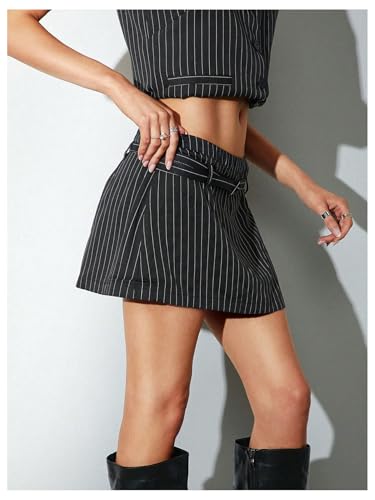 Floerns Women's Striped Mini Skirt Belted Low Waist Workwear Short Skirts with Belt2