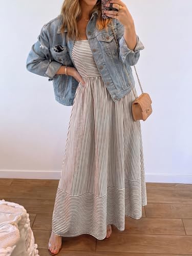 Image of Caracilia Womens Maxi Dresses Gingham Spaghetti Strap Back Smocked Flowy Long Sundress Summer Beach Vacation Clothes 2026