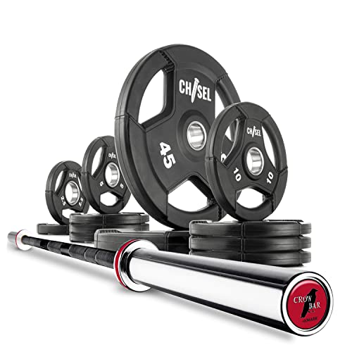 XMark CHISEL 155 lb Olympic Weights Set and CROWBAR Barbell, 7' Olympic Bar and Weight Plates