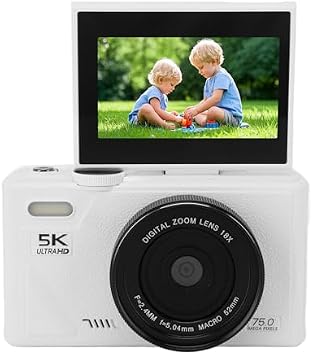 5K Digital Camera, 75MP Vlogging Camera, with 18X Zoom, 3 Inch Flip Screen, HD Compact Camera, for Travel Photography White