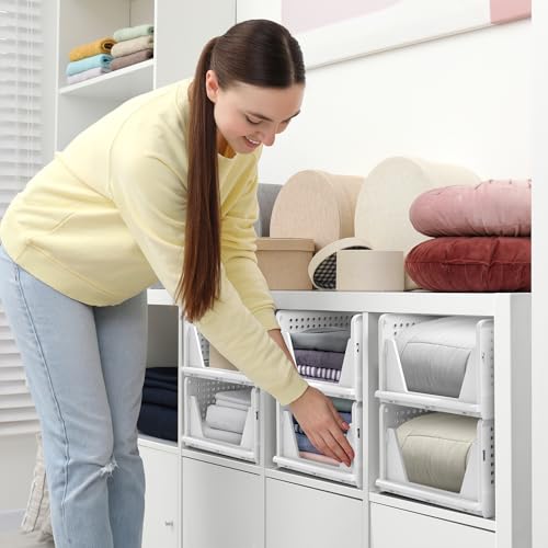 Image of Sorbus 4 Pack Medium Shelf Organizer with Open Front Design Under Shelf for Closet Bathroom Kitchen Garage Plastic Stackable Storage Baskets