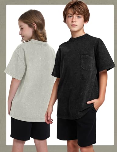 Image of COZYPOIN Unisex Kids Vintage Acid Wash Cotton Tees Crew Neck 3-16Y