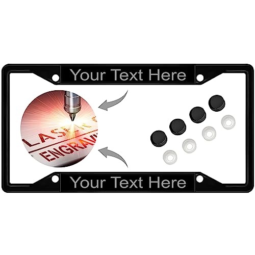 Image of Personalized with Custom Text Design - 4 Hole Black Metal Laser Engraved US Standard Size - Car License Plate Frame with Free caps - Black /Gray Text (Qty: 1 Frame)