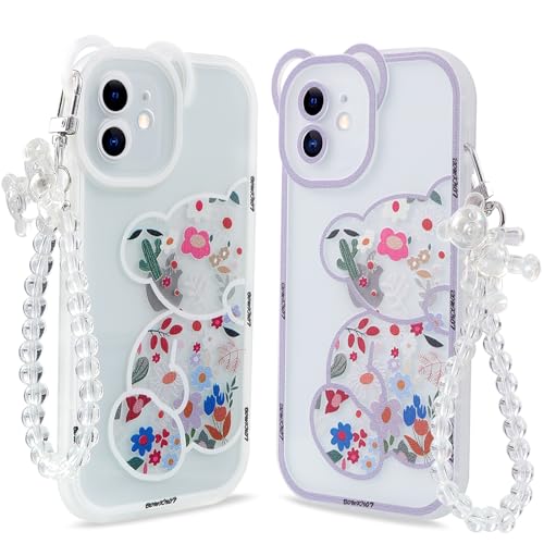 Jumkook 2 × Phone Case for iPhone 11 Case Clear with Chain 6.1",Cute Case with Flower Pattern Deisgn,Bear Strap Bracelet Wrist Band Cases for Girls Women,Bear Ears Camera Protector Funda for iPhone11