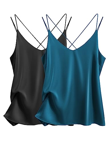 Image of Ekouaer Womens 2-Pack Silk Satin Camisole Tank Top V Neck Sexy Cross Back Spaghetti Strap Cami Sleeveless Lounge Tops S-XXL