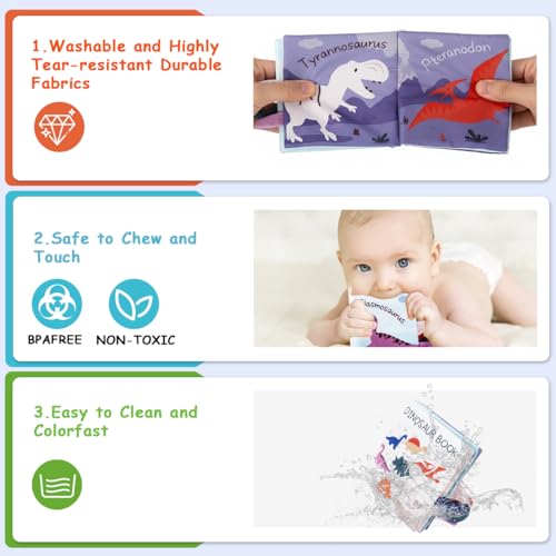 Image of SNOWIE SOFT 3D Baby Cloth Dinosaur Book 0-3 Years Soft Fabric Rustle Mirror | Sensory Play, Easy Grip Pages for Little Hands, High Contrast Patterns, Crinkle Sound, Washable Cloth, Reflective Panel