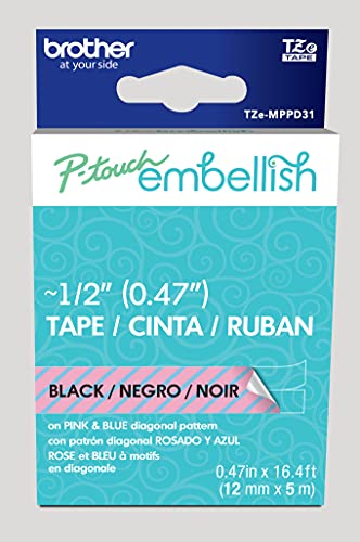 Image of Brother P-touch Embellish Black Print on Pink & Blue Diagonal Patterned Tape TZEMPPD31 - ~ inch Wide x 13.1' Long for use with P-touch Embellish Ribbon & Tape Printer