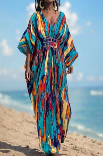 Women Beach Cover up V neck Caftan Loungewear 3/4 Sleeve Swimsuit Cover Up Kaftan Dress Loose Fit Ankle Length Muumuu2