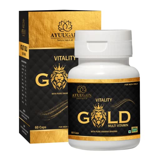 AYUUGAIN Vitality Gold Capsule for Men with Swarna Bhasma, Shilajeet, Safed Musli, Akarkara, Makardhwaj, Jund Bedastar, Konch Beej| Overall Health Booster Ayurvedic Stamina Supplement for Men -60Caps