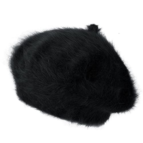 Ililily Solid Color Angora French Beret Furry Artist Flat Winter Hat, Black With Tab #TOP17