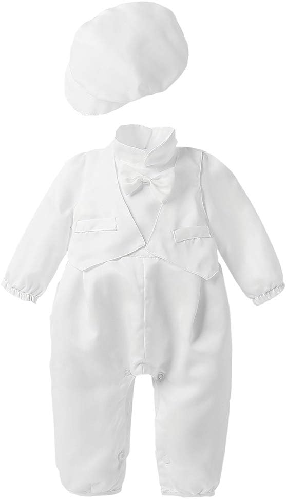Baby Boy Christening Baptism Satin Bowtie Vested Romper Coverall Outfit with Cap