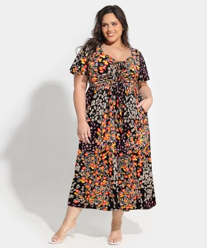 Image of CARCOS Plus Size Dresses for Curvy Women Tie Sweetheart Neck Summer Maxi Dress Short Sleeve Empire Waist Floral Boho Dress