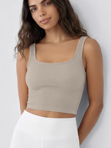 Image of ODODOS 3-Pack Seamless Square Neck Crop Tank for Women Ribbed Knit Soft Low Back Cropped Tops