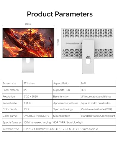 Image of P27Z 27'' 5K Glossy Monitor, Dual Mode Monitor UHD 180Hz / FHD 2K 330Hz, IPS Panel, Built-in Speakers, 10-Bit Color, 99% sRGB, 98% DCI-P3, 218PPI, HDR, 1ms, 1500:1 (Honeycomb - with Stand x2)