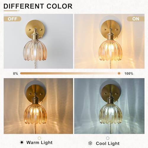 Image of Plug in Wall Sconces Set of 2, Vintage Wall Sconce Light with Tulip Amber Glass Lampshade, Bedroom Wall Sconce with Switch and Plug in wall lamp Cord, Gold Wall Light Wall Decor Set of 2