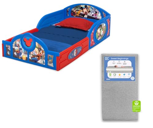 Image of Delta Children Disney Mickey Mouse Plastic Sleep and Play Toddler Bed with Attached Guardrails Sweet Beginnings Dual Sided Crib Mattress