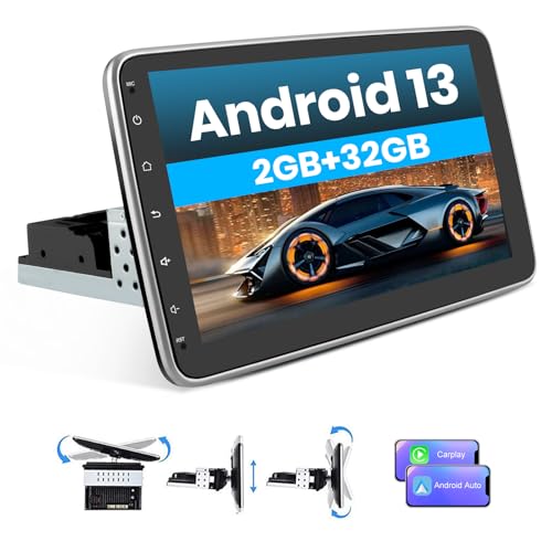 Hexinex Android 13 2GB+32GB 1 DIN Radio Coche Universal con Pantalla Táctil y Giratoria de 10 Pulgadas, con CarPlay/AndroidAuto/Mirror Link, WiFi/GPS/Bluetooth/RDS/USB/FM/Mandos del Volante